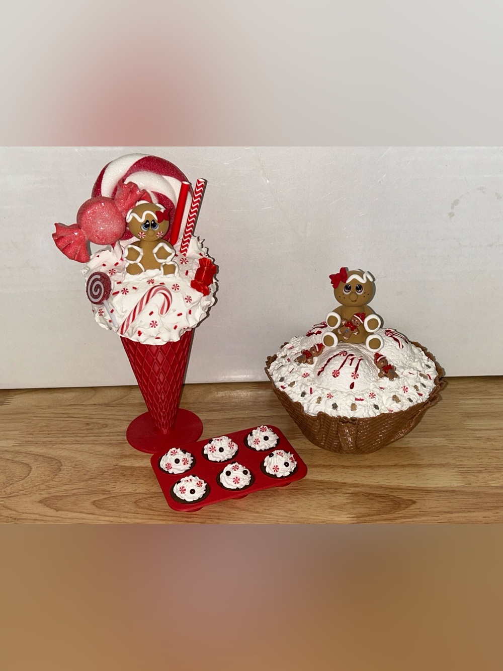 Festive Red & White Gingerbread Holiday Table Accent Set Handmade